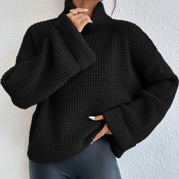 Black Casual Womens Turtleneck Drop Shoulder Waffle Knit Sweater - Picture 4 of 5